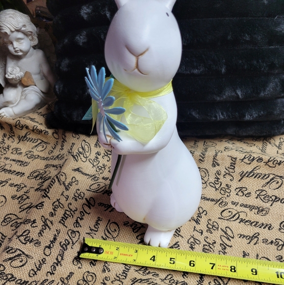 Ceramic Easter bunny he's holding a blue metal flower yellow bow - Picture 7 of 9